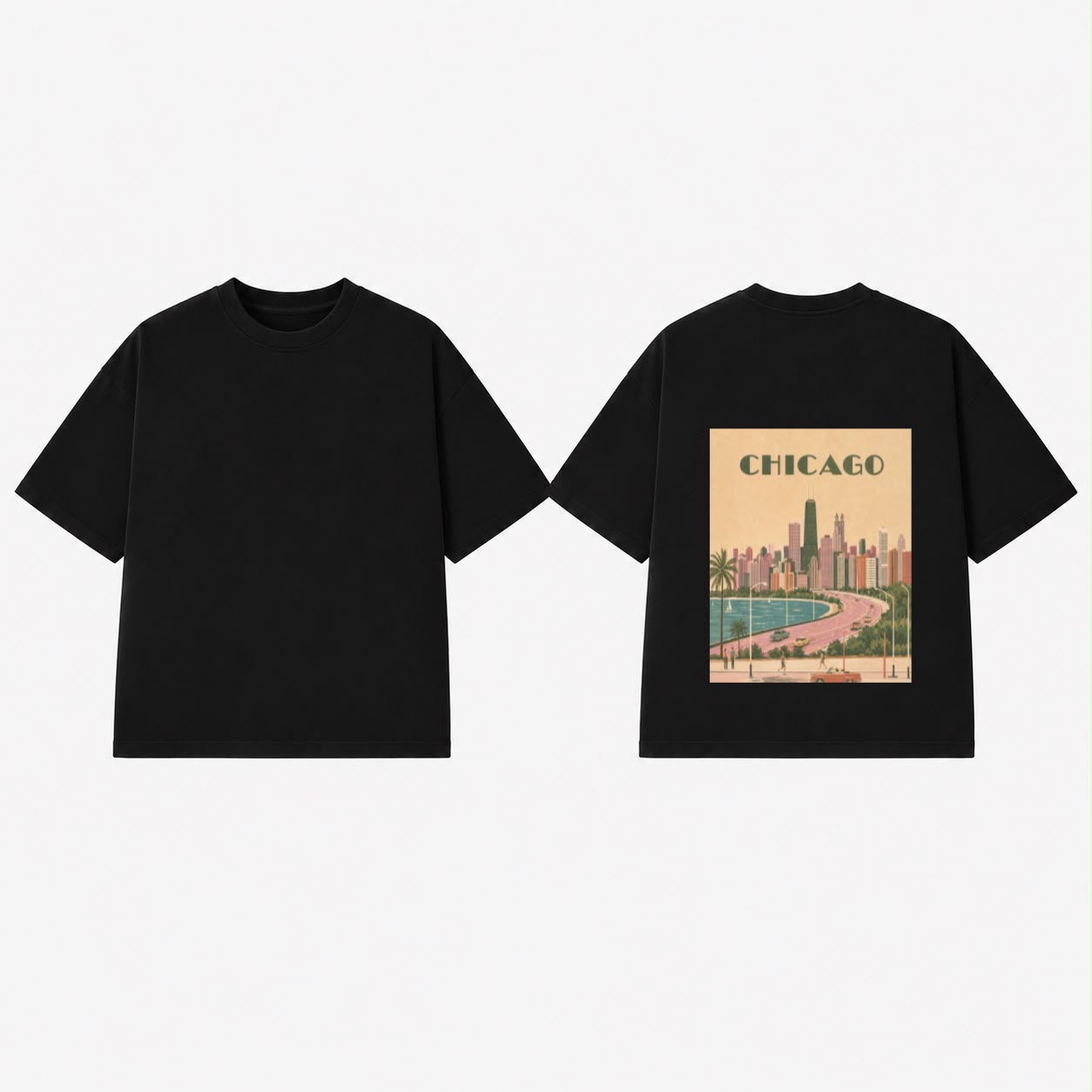 Black Chicago graphic tee, front and back